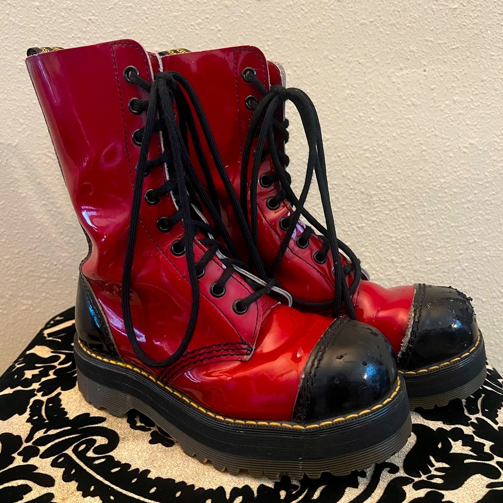 RARE Vintage Red & Black Patent Leather 10 hole Steel-toe Dr Martens Circa 1988